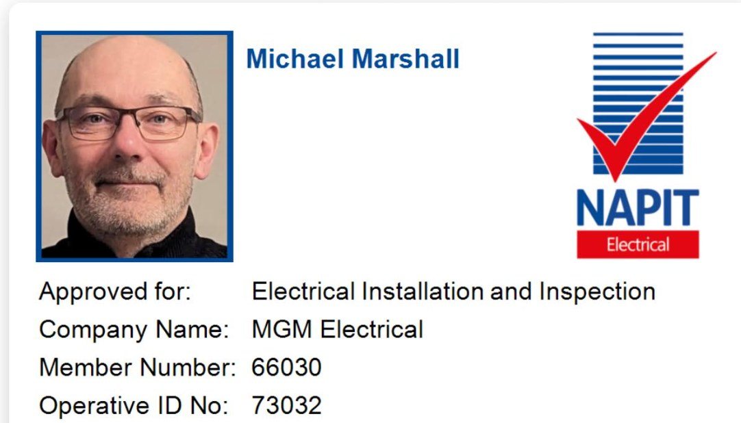 Michael Marshall NAPIT Approved Electrician ID card, MGM Electrical